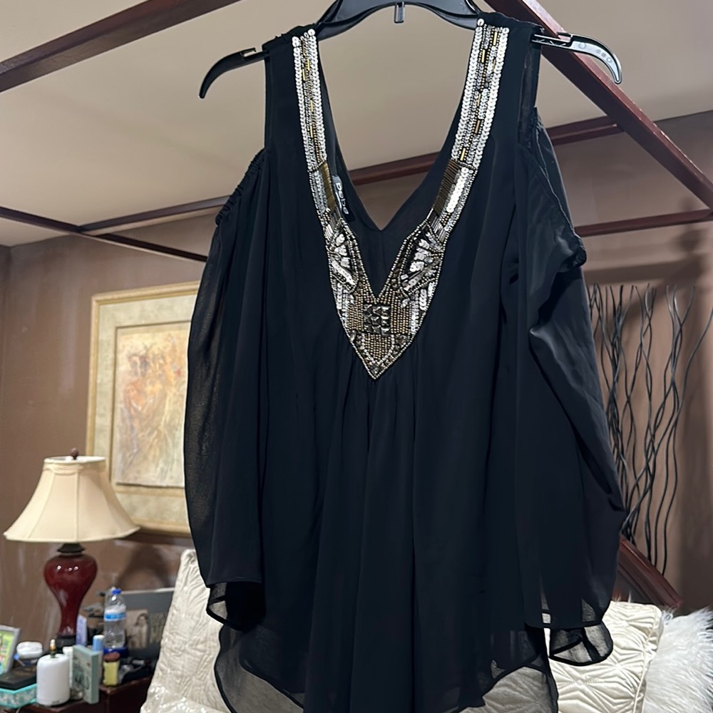 Bebe black off the shoulder sexy sequined blouse.